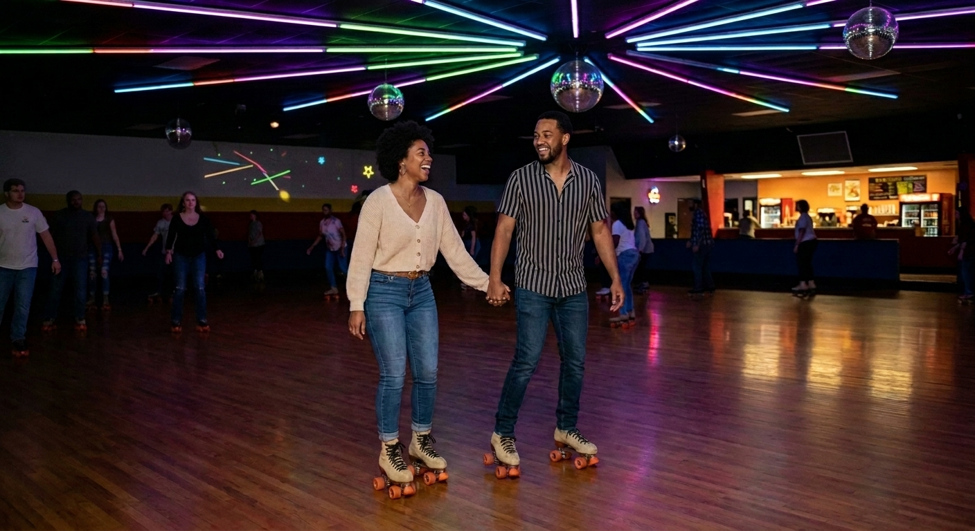 Roller skating date night in Valdosta, couples enjoying the rink together